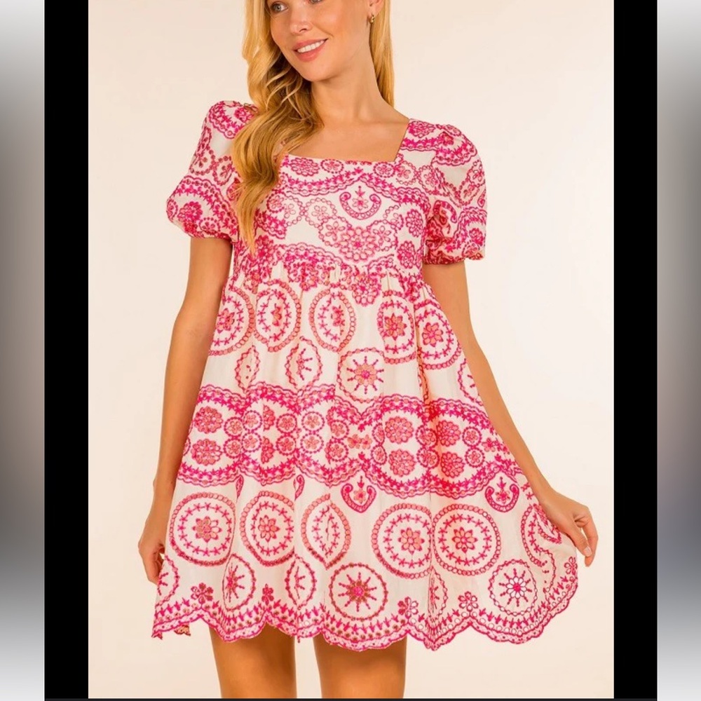 white and pink eyelet dress